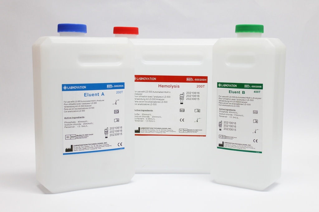 Kit 800 Pruebas de HbA1C para LD-500 New Software Version (Eluente A X4, Eluente B X4, Hemolisante X5, Columna Analitica 2X400, Manguera X1, Precolumna X2, Papel X8). Labnovation.