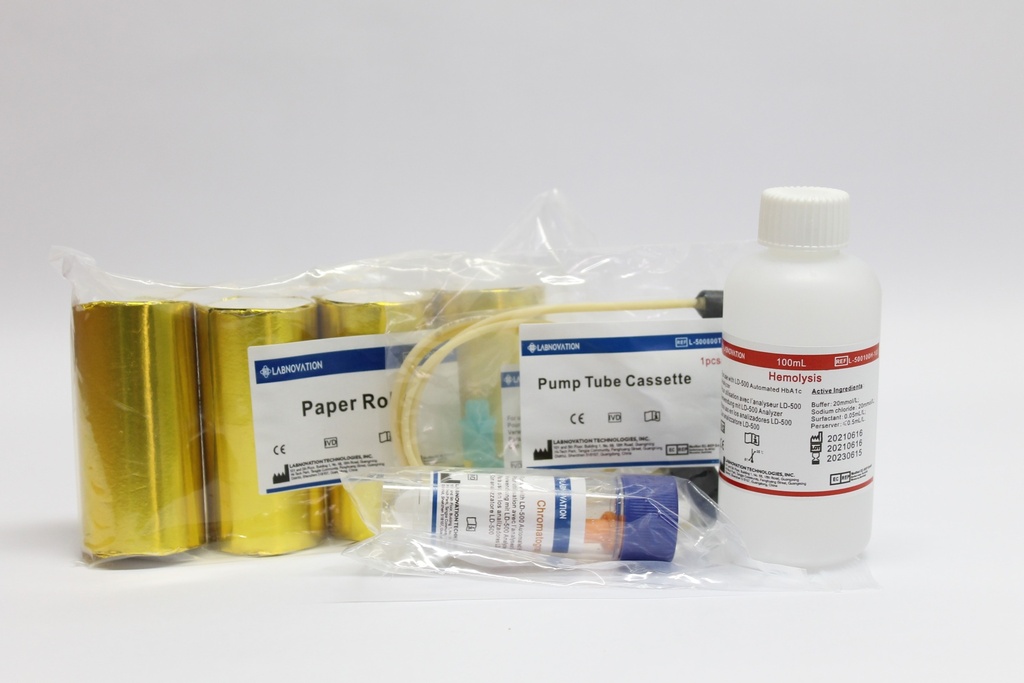 Kit 800 Pruebas de HbA1C para LD-500 New Software Version (Eluente A X4, Eluente B X4, Hemolisante X5, Columna Analitica 2X400, Manguera X1, Precolumna X2, Papel X8). Labnovation.