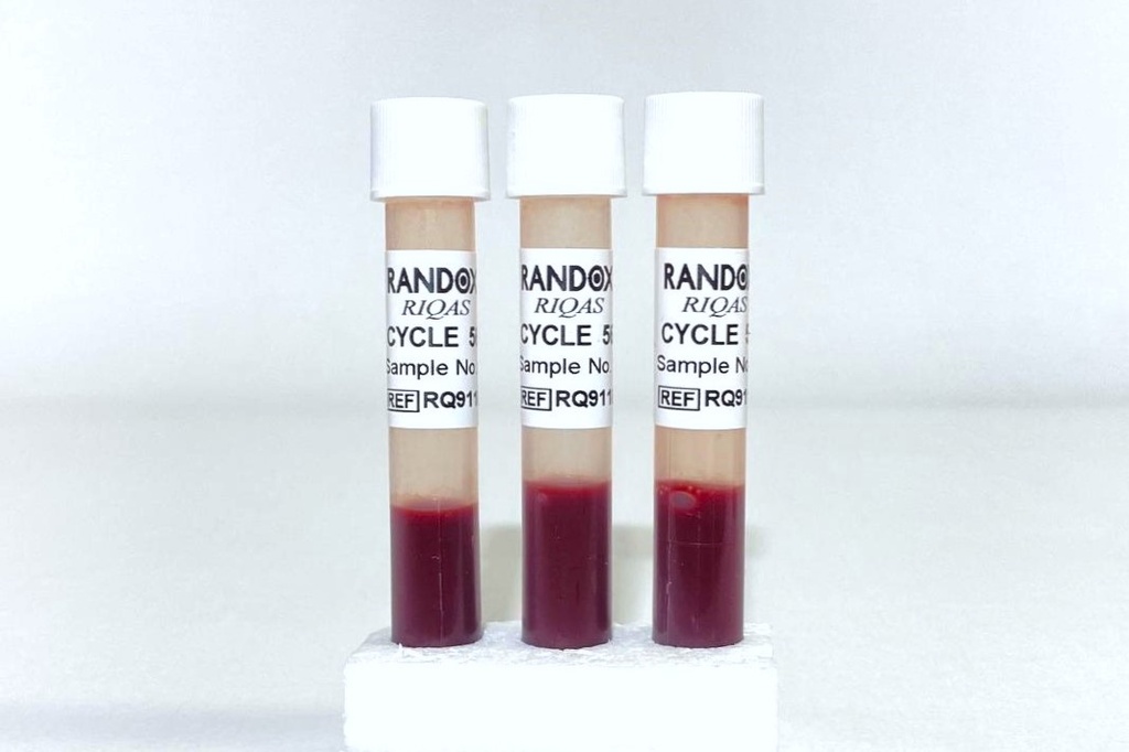 Control de Calidad Externo RIQAS Hematología. 11 Mensurandos. Rep. 15. Randox (UK).