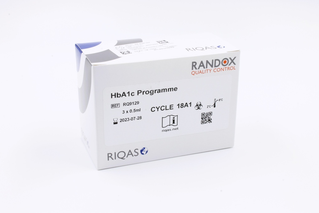 Control de Calidad Externo (Ensayo de Aptitud) RIQAS Hemoglobina Glicosilada (HbA1c). Rep. 30. 2 Mensurandos.  Randox (UK).