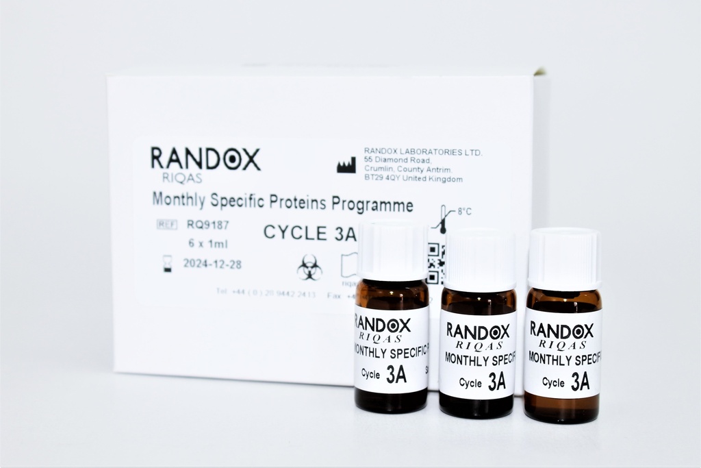 Control de Calidad Externo RIQAS Proteínas Específicas. 26 Mensurandos. Rep. 30. Randox (UK).