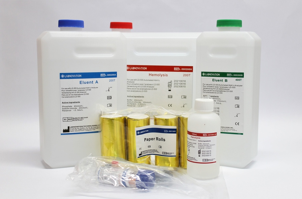 Kit 800 Pruebas de HbA1C para LD-500 New Software Version (Eluente A X4, Eluente B X4, Hemolisante X5, Columna Analitica 2X400, Manguera X1, Precolumna X2, Papel X8). Labnovation.