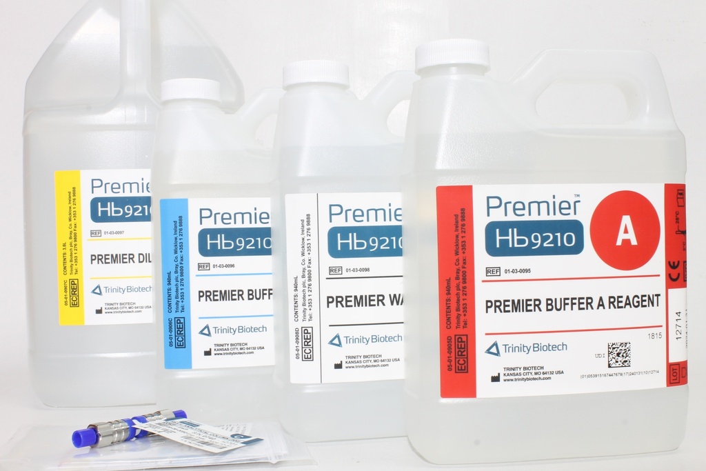 Kit Reactivos HbA1c Premier Hb9210. Incluye (Buffer A (6)/Buffer B (8)/Diluyente (4)/Wash(6)/Columna Analítica. Trinity Biotech (Irlanda)