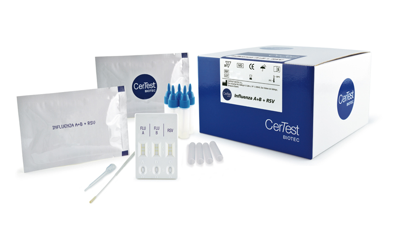 Prueba Un Paso en Casette para Detección de Antígenos de Influenza A+B, RSV y Adenovirus Respiratorio en Muestras Nasales. Certest (España).