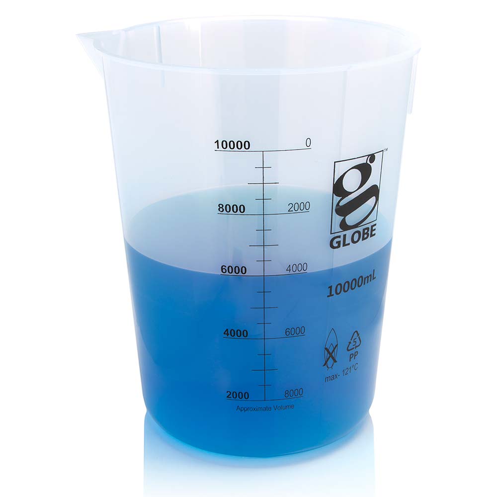 Beaker 10,000mL, Diamond Essentials, estilo grigo, forma baja, graduaciones impresas, PP. Globe Scientific (USA).