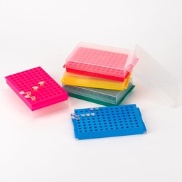 [GB 456355B] Gradilla Reversible Con Cubierta para Tubos de Microcentrifuga (Eppendorf) 0.2 y 0.5 Ml- 96 Posiciones 1.5 y 2.0 Ml - 96 Posiciones - Color Azul. Globe Scientific (USA). Paquete Por 5 Unidades
