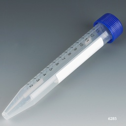 [GB 6285] Tubo PP, Fondo Cónico 15 ml Estéril, Con Tapa Rosca Azul, Graduado. Globe Scientific (USA).