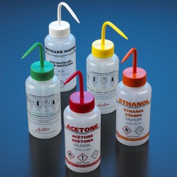 [GB  WGW500AST-GHS] Set de 5 botellas de lavado, 500mL - Contiene 1 botella para Acetona, Metanol, Isopropanol, Etanol y agua destilada. Globe Scientific (USA).